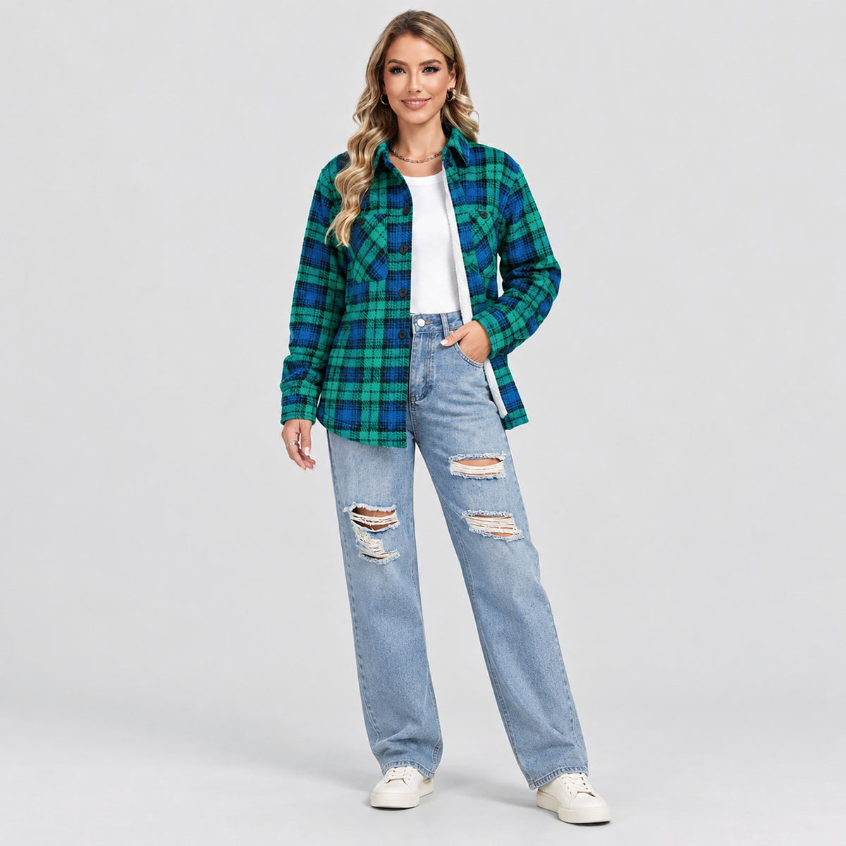 Women's Sherpa Lined Plaid Flannel Shacket with Button Front