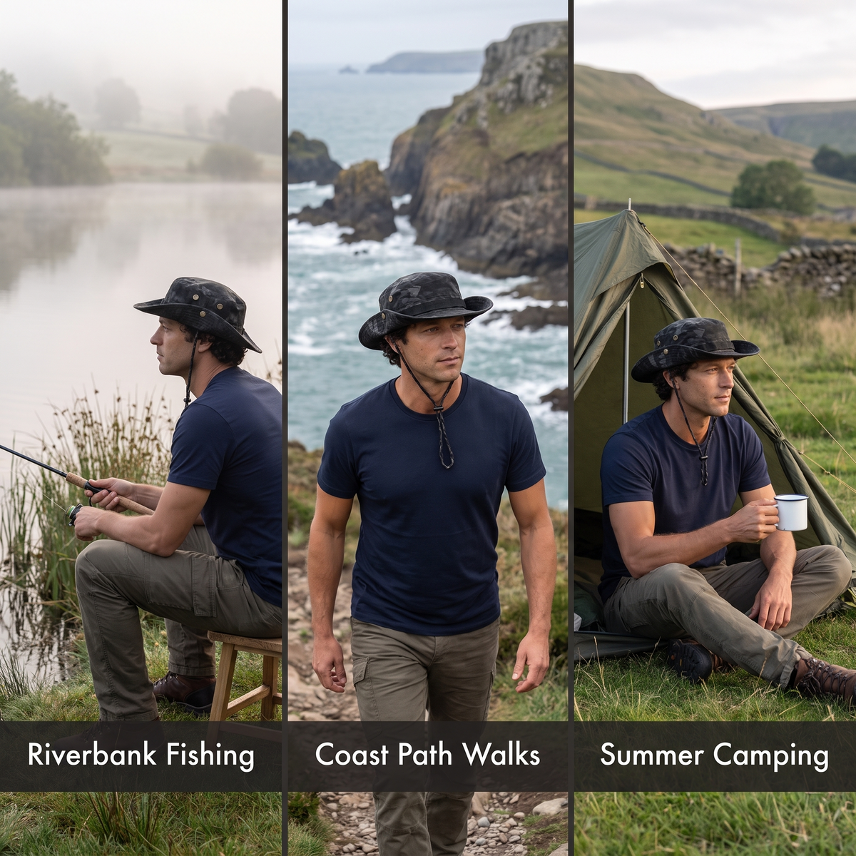 Men's Wide Brim Boonie Hat with Chin Cord and Ventilation Eyelets