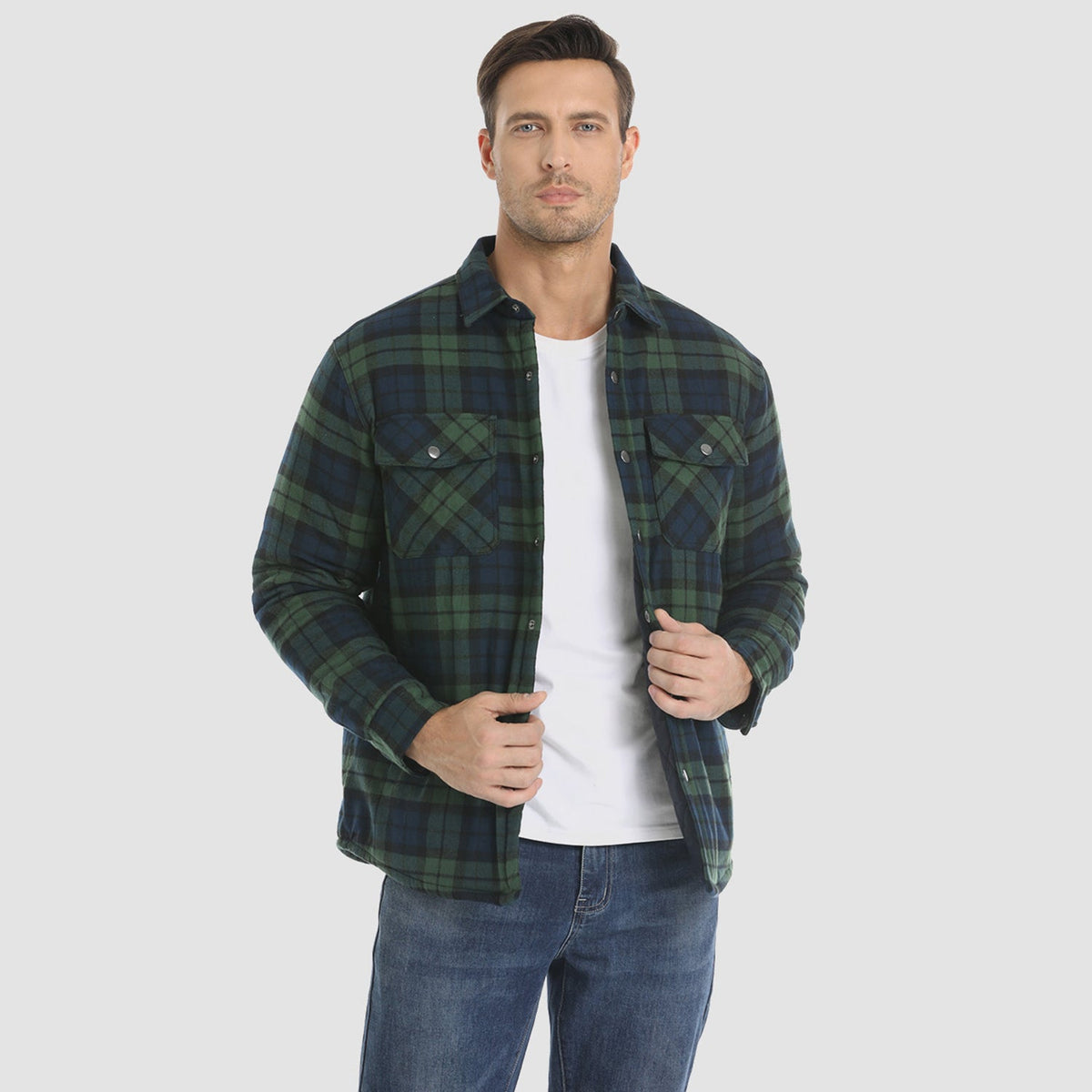 Men's Quilted Lined Plaid Flannel Shirt Jacket with Snap Buttons