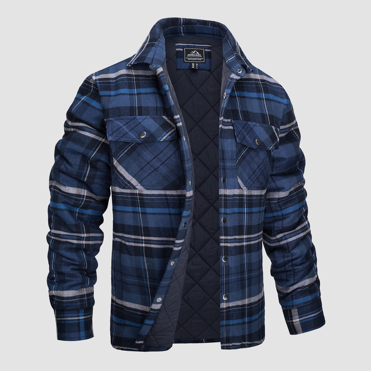 Men's Quilted Lined Plaid Flannel Shirt Jacket with Snap Buttons