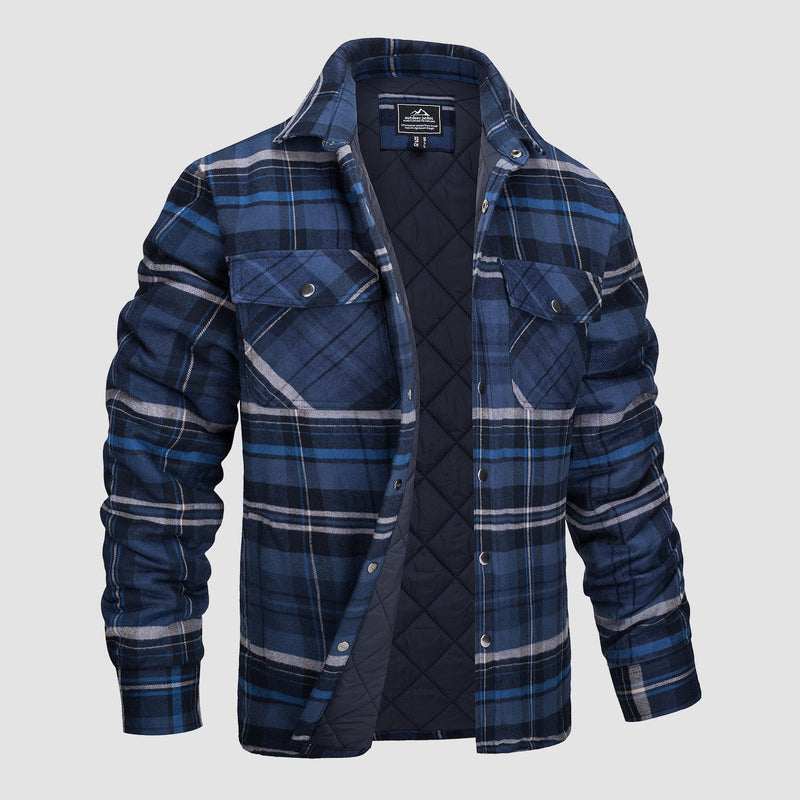 Men's Quilted Lined Plaid Flannel Shirt Jacket with Snap Buttons