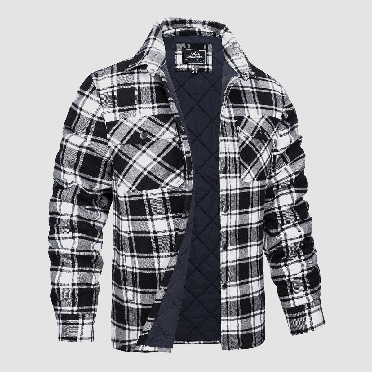 Men's Quilted Lined Plaid Flannel Shirt Jacket with Snap Buttons