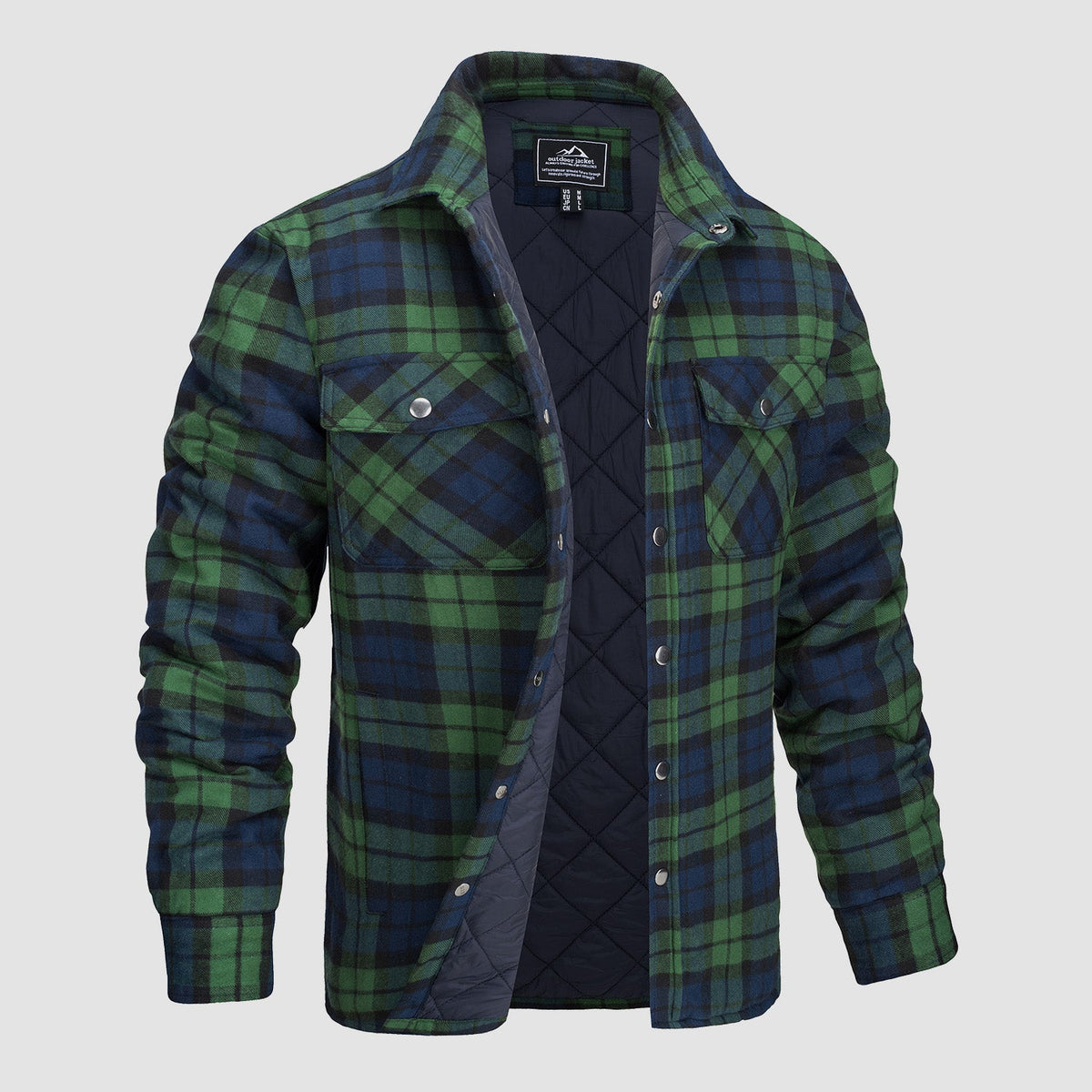 Men's Quilted Lined Plaid Flannel Shirt Jacket with Snap Buttons