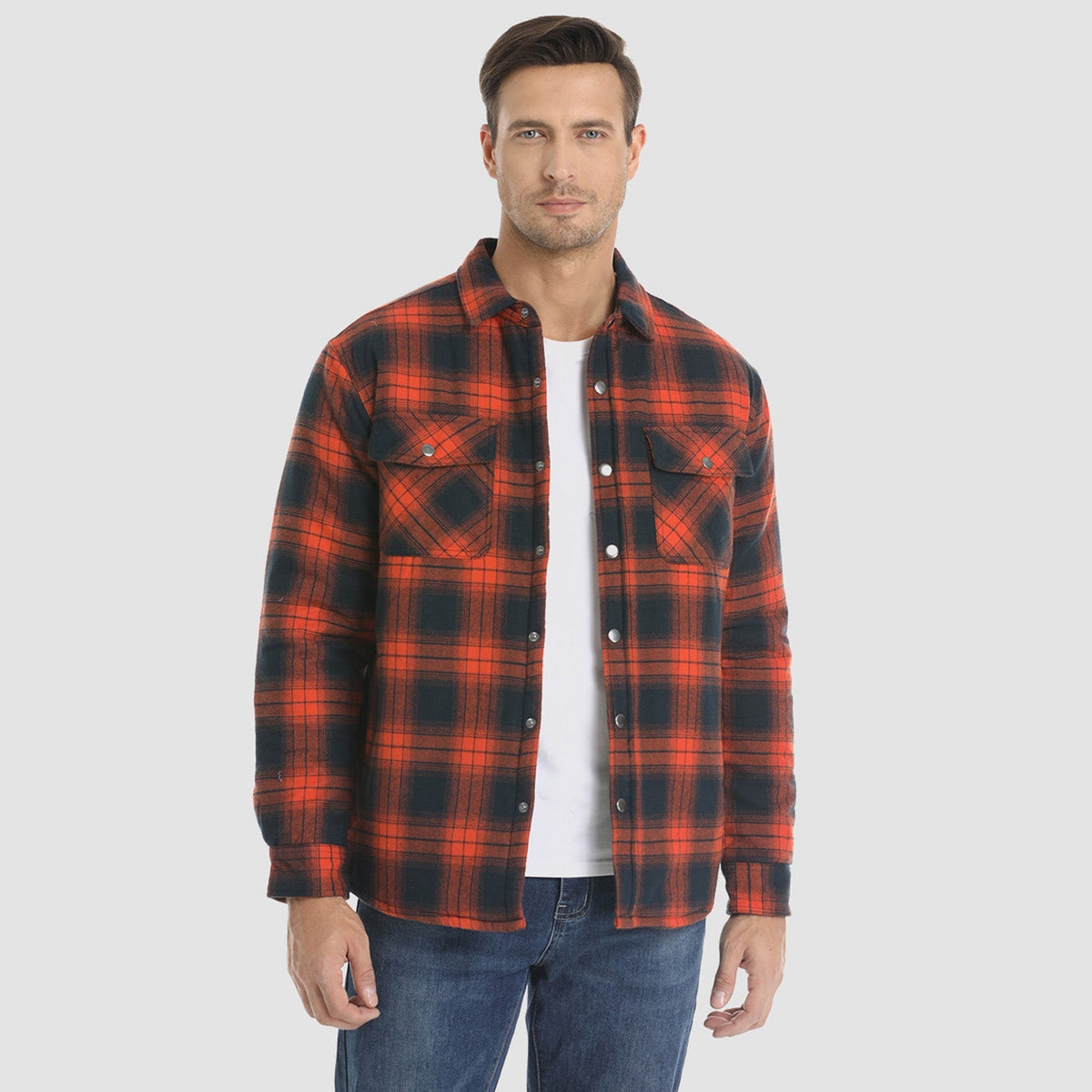 Men's Quilted Lined Plaid Flannel Shirt Jacket with Snap Buttons
