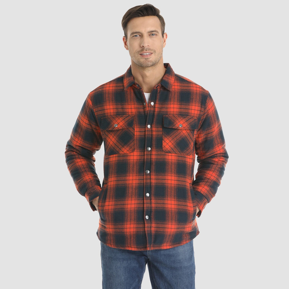 Men's Quilted Lined Plaid Flannel Shirt Jacket with Snap Buttons