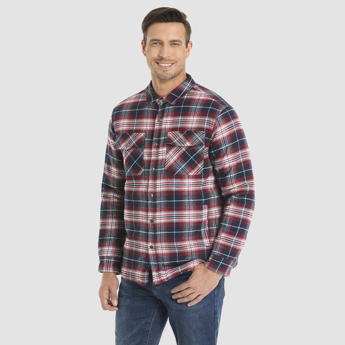 Men's Quilted Lined Plaid Flannel Shirt Jacket with Snap Buttons