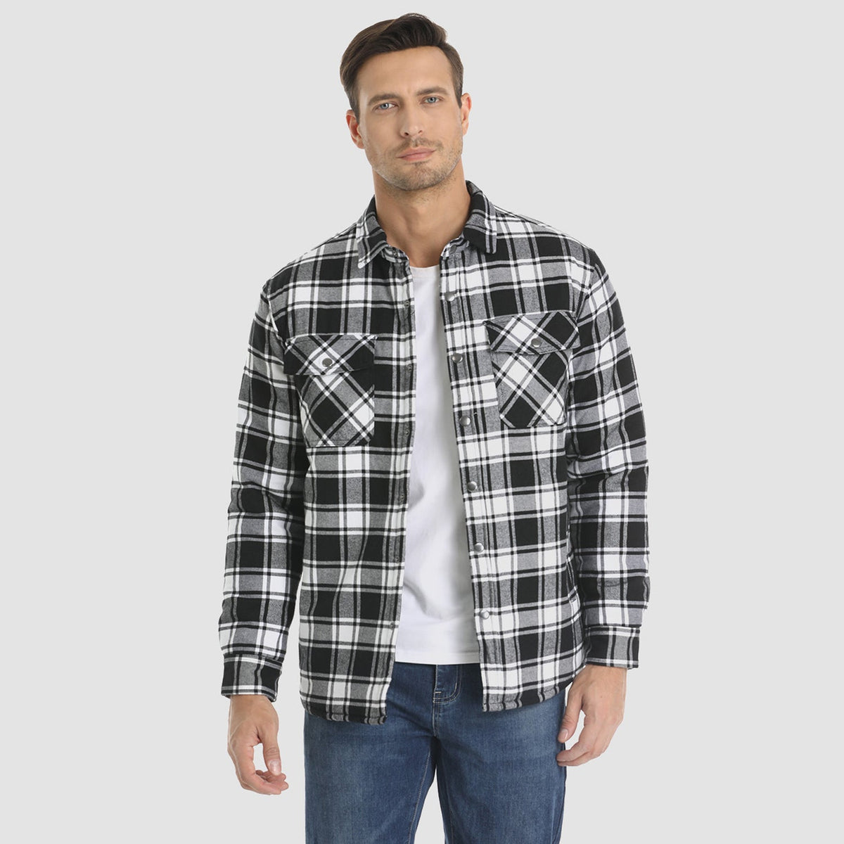 Men's Quilted Lined Plaid Flannel Shirt Jacket with Snap Buttons