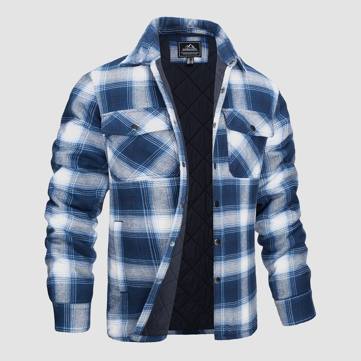 Men's Quilted Lined Plaid Flannel Shirt Jacket with Snap Buttons