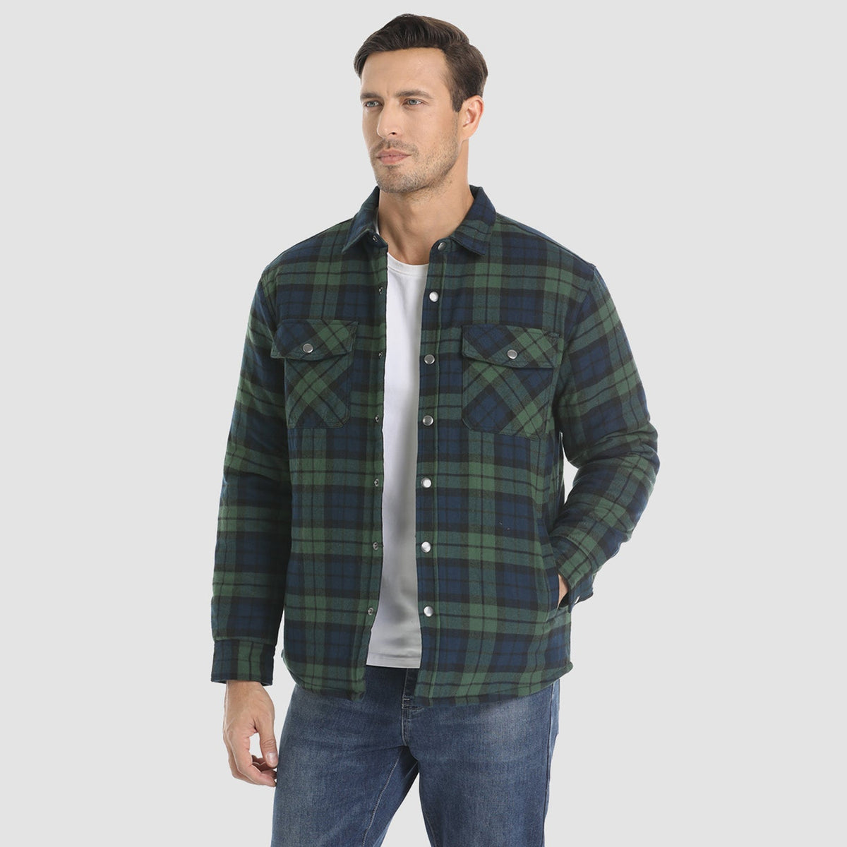 Men's Quilted Lined Plaid Flannel Shirt Jacket with Snap Buttons