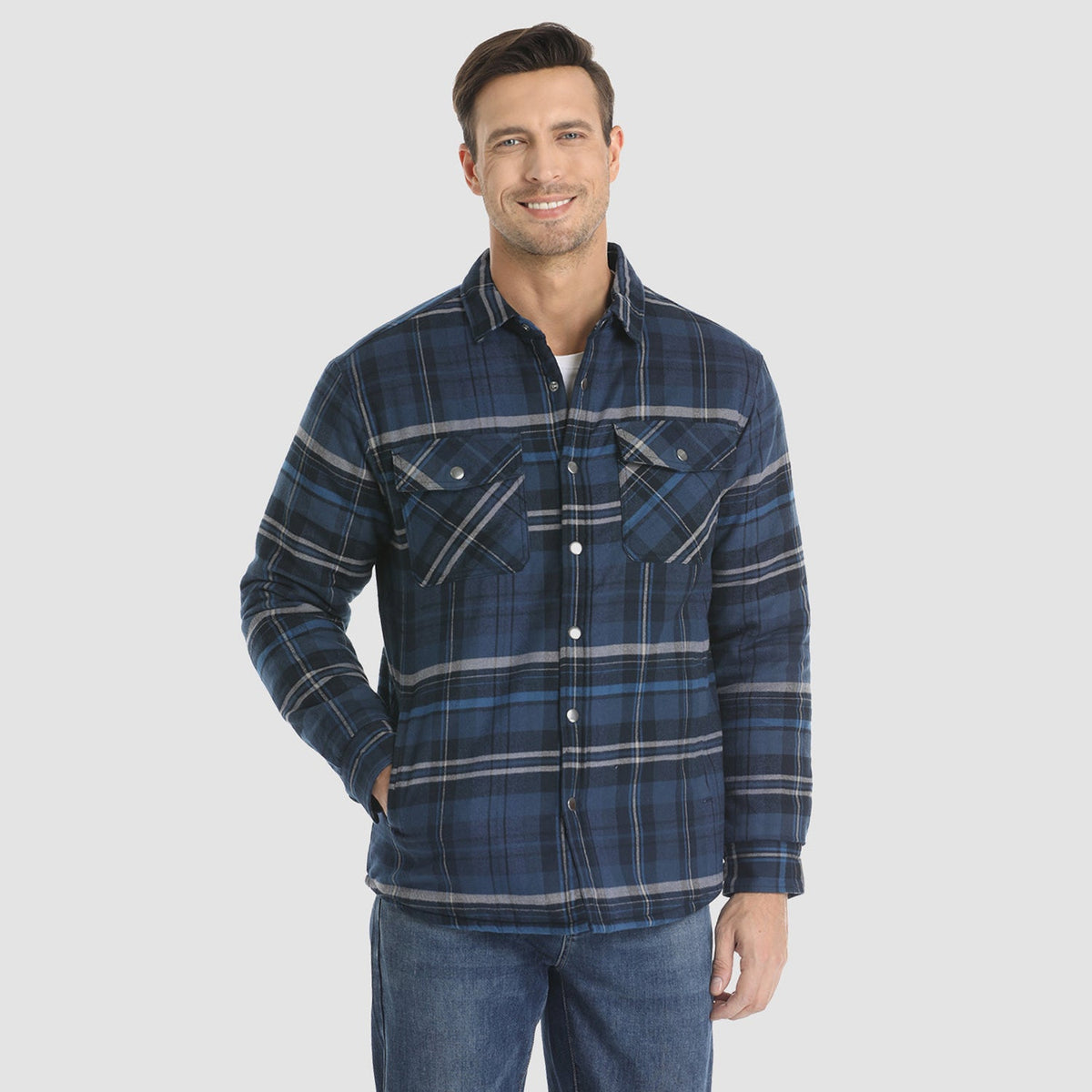 Men's Quilted Lined Plaid Flannel Shirt Jacket with Snap Buttons