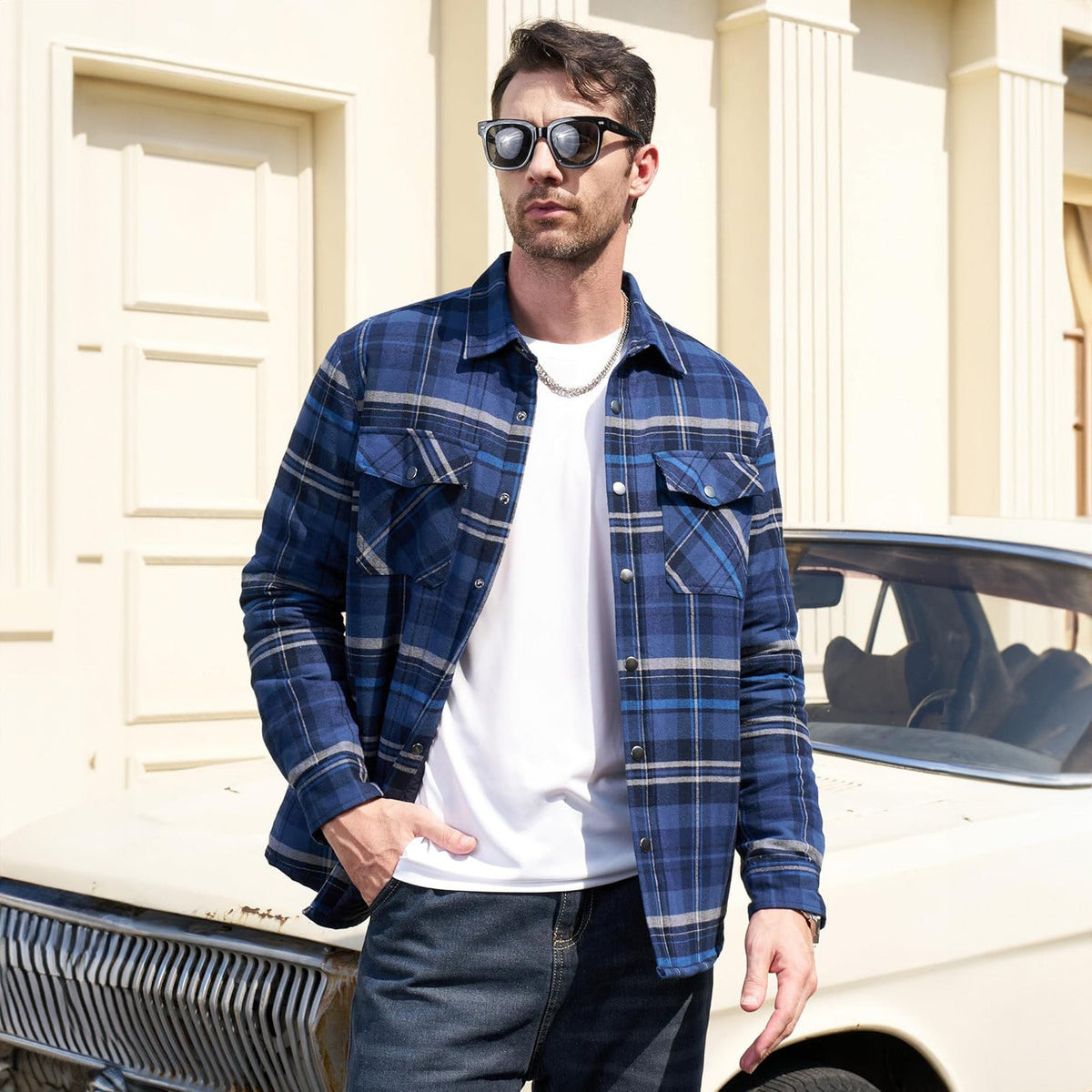 Men's Quilted Lined Plaid Flannel Shirt Jacket with Snap Buttons