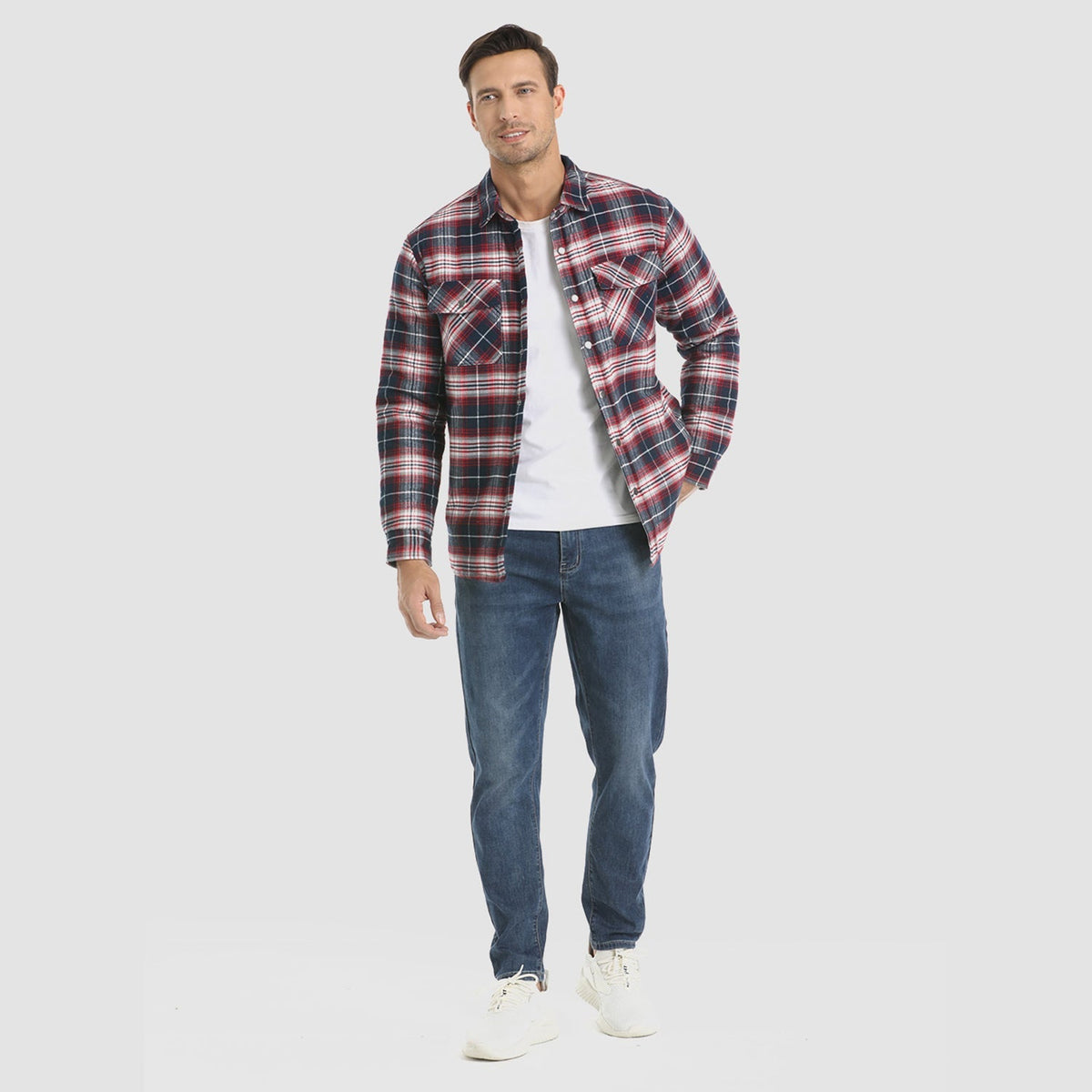 Men's Quilted Lined Plaid Flannel Shirt Jacket with Snap Buttons