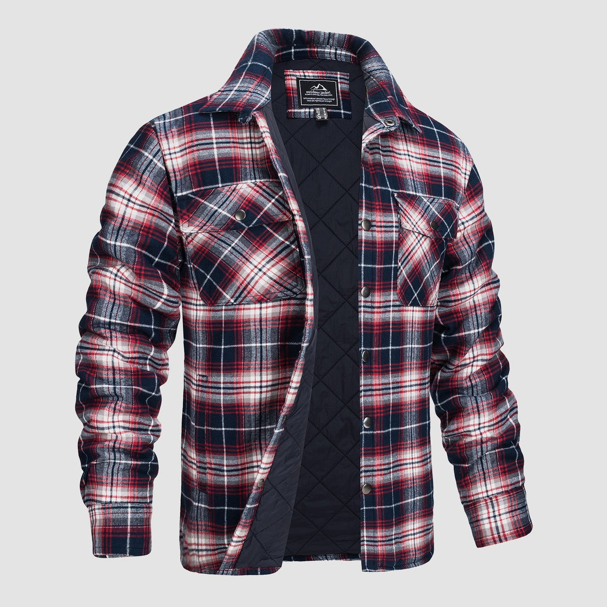 Men's Quilted Lined Plaid Flannel Shirt Jacket with Snap Buttons