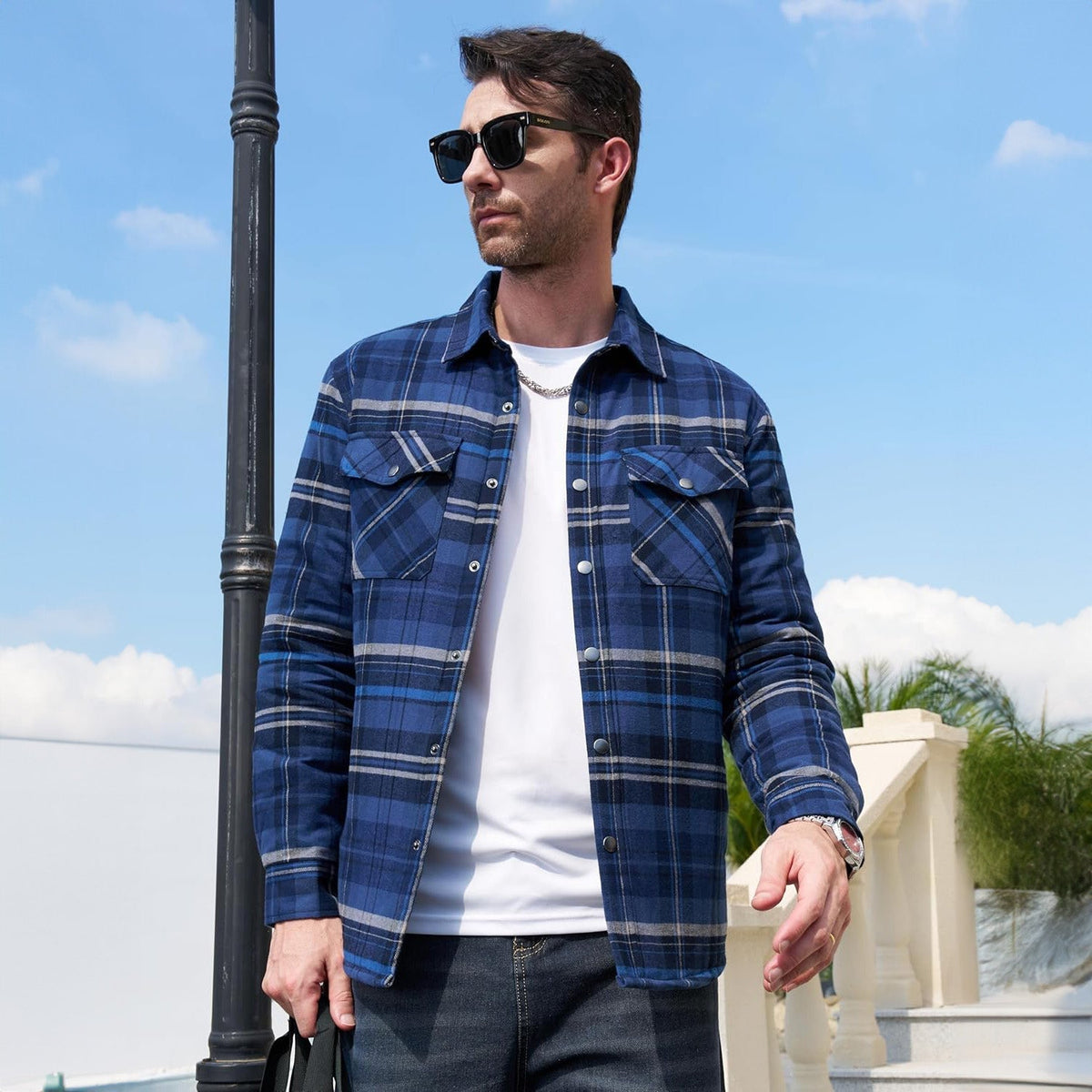 Men's Quilted Lined Plaid Flannel Shirt Jacket with Snap Buttons