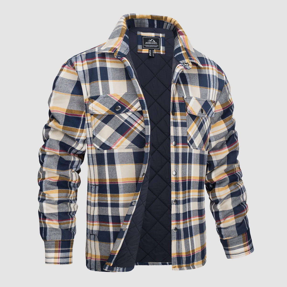 Men's Quilted Lined Plaid Flannel Shirt Jacket with Snap Buttons