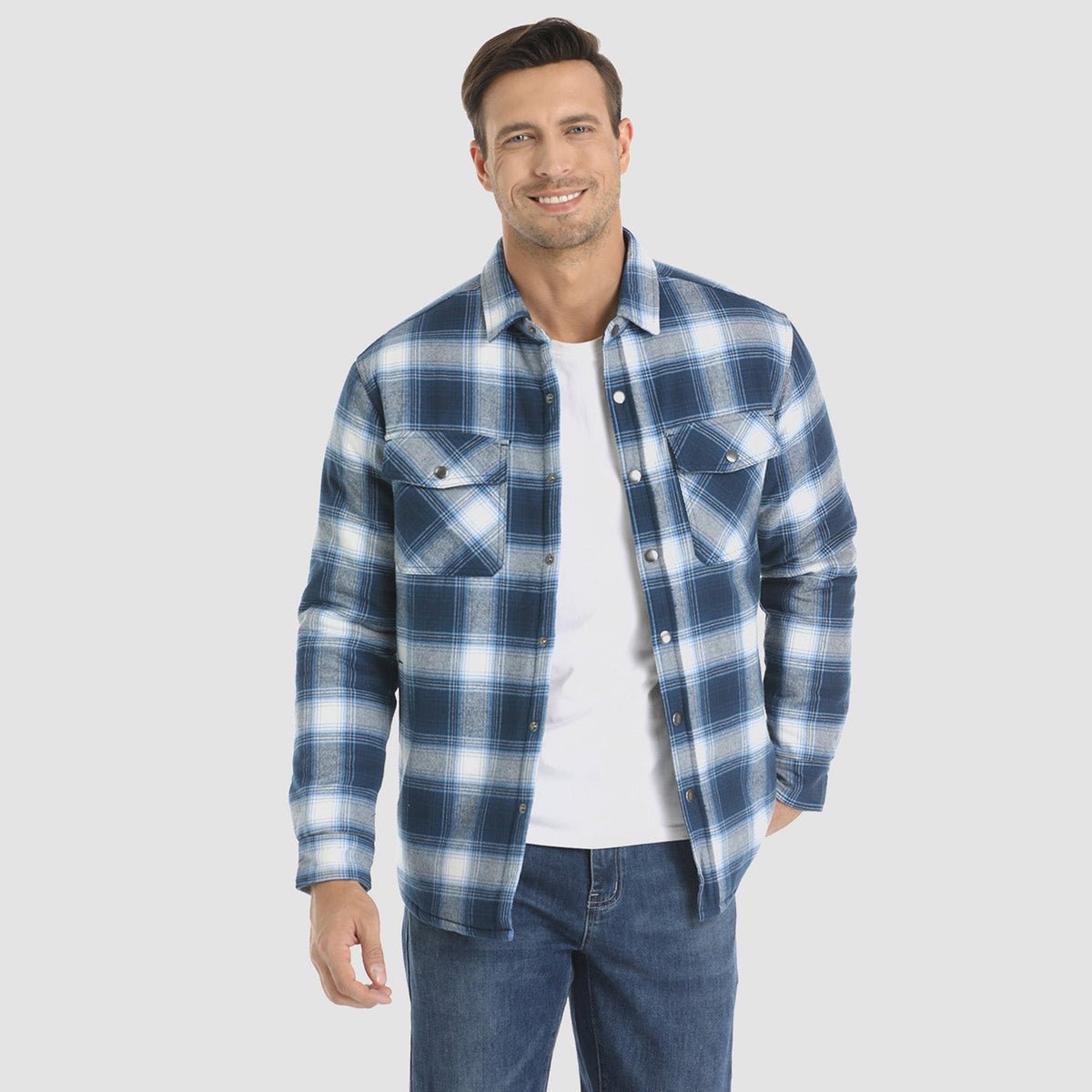 Men's Quilted Lined Plaid Flannel Shirt Jacket with Snap Buttons