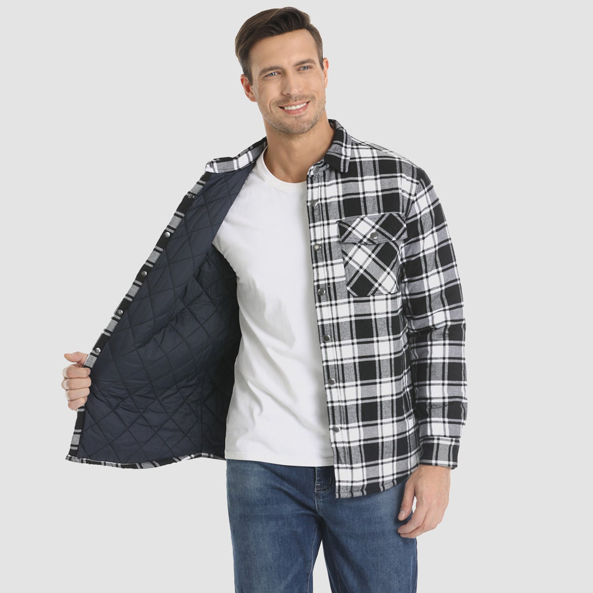 Men's Quilted Lined Plaid Flannel Shirt Jacket with Snap Buttons