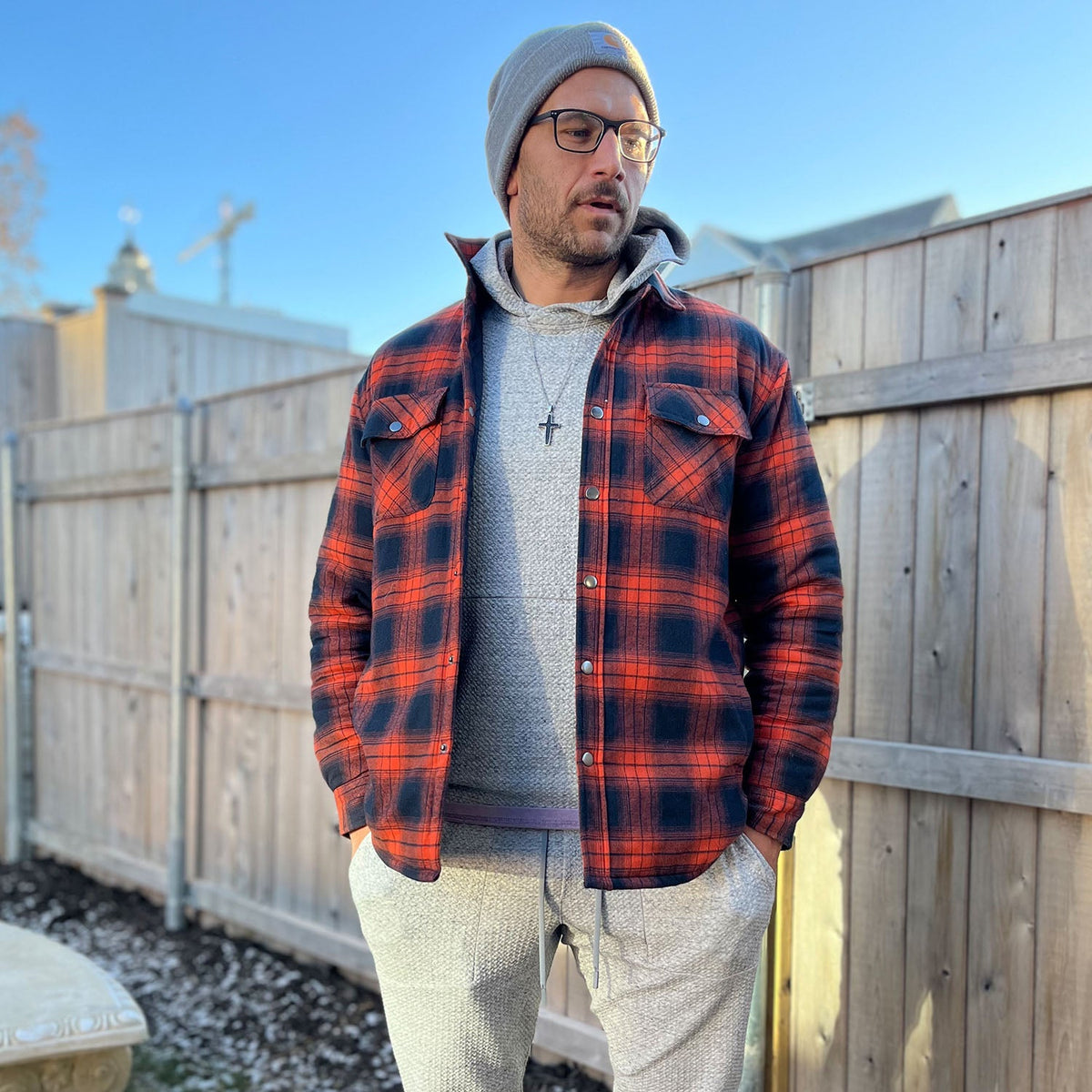 Men's Quilted Lined Plaid Flannel Shirt Jacket with Snap Buttons