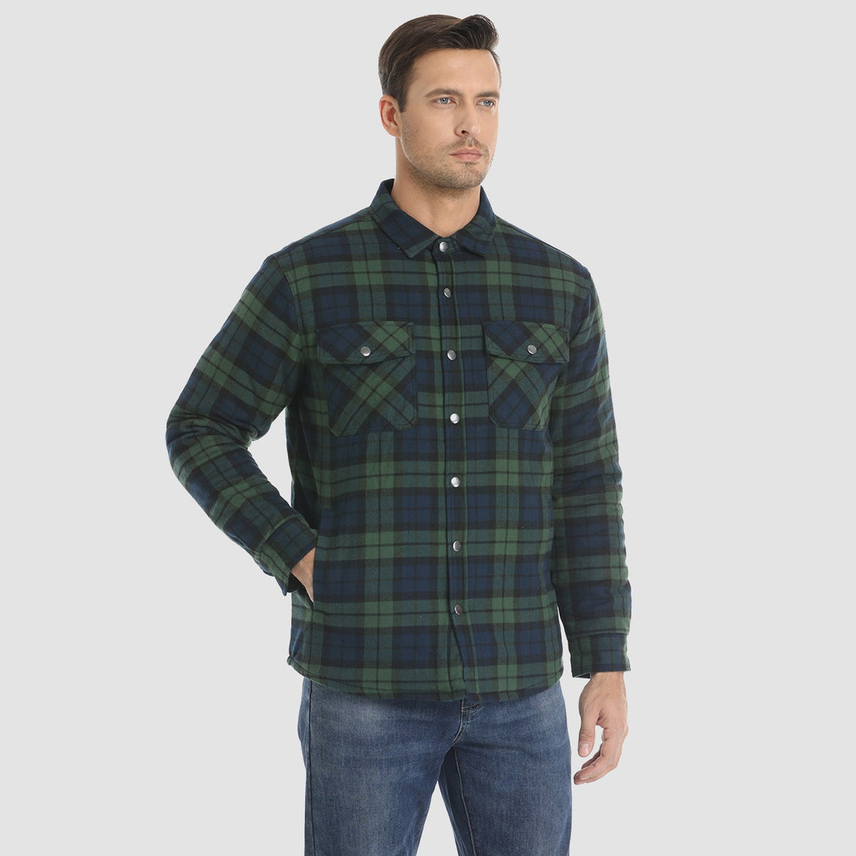 Men's Quilted Lined Plaid Flannel Shirt Jacket with Snap Buttons