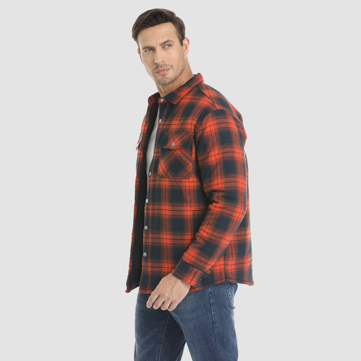 Men's Quilted Lined Plaid Flannel Shirt Jacket with Snap Buttons