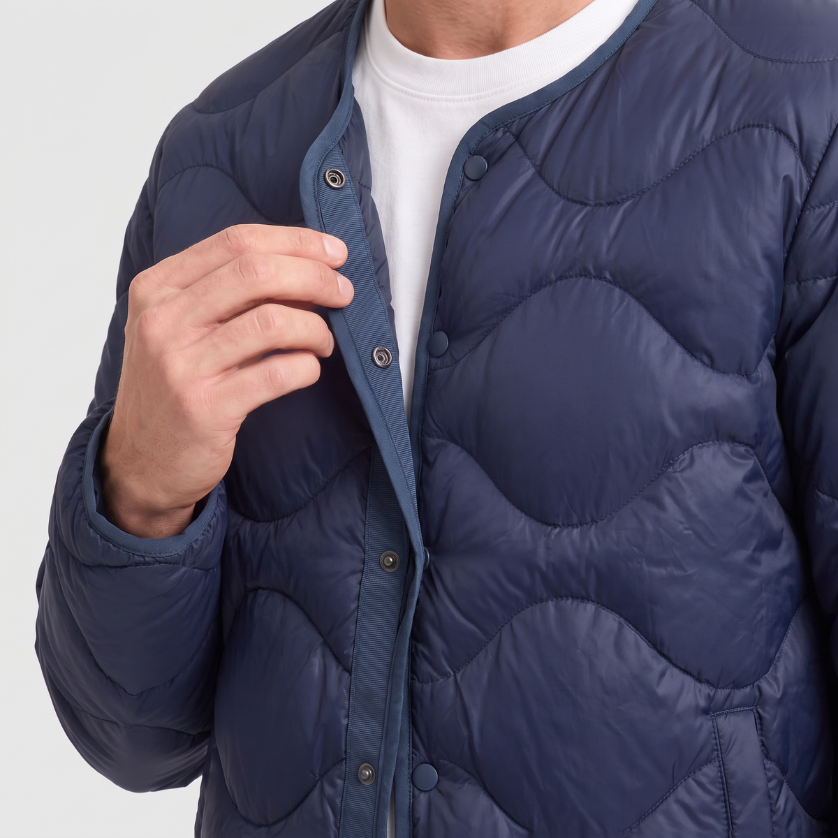 Men's Lightweight Down Puffer Jacket Collarless Snap Front