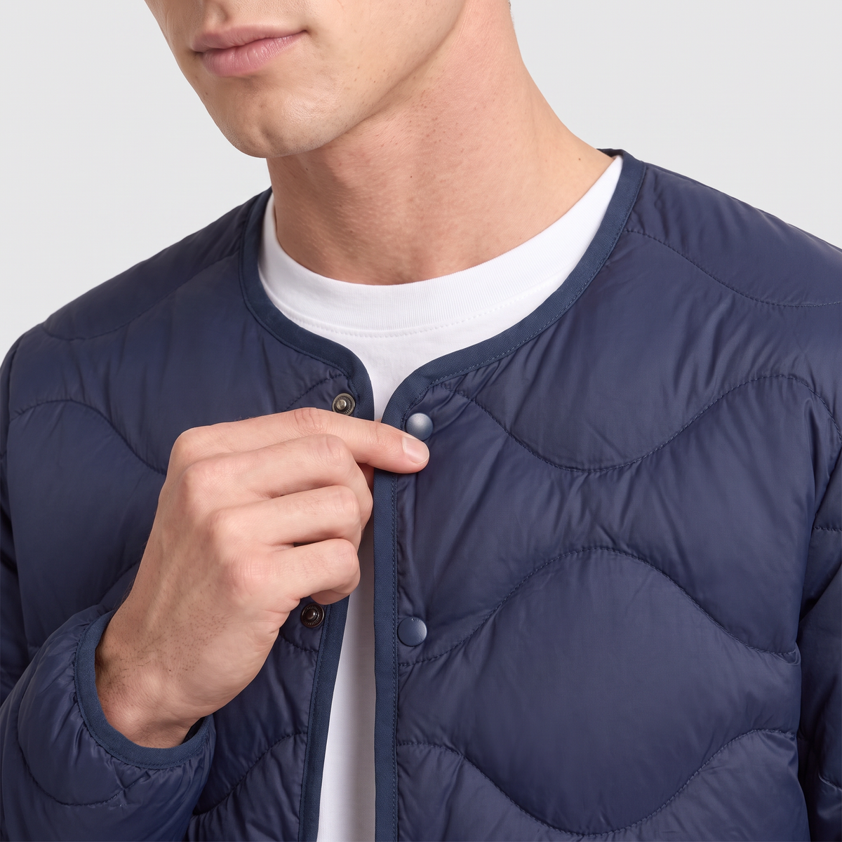 Men's Lightweight Down Puffer Jacket Collarless Snap Front