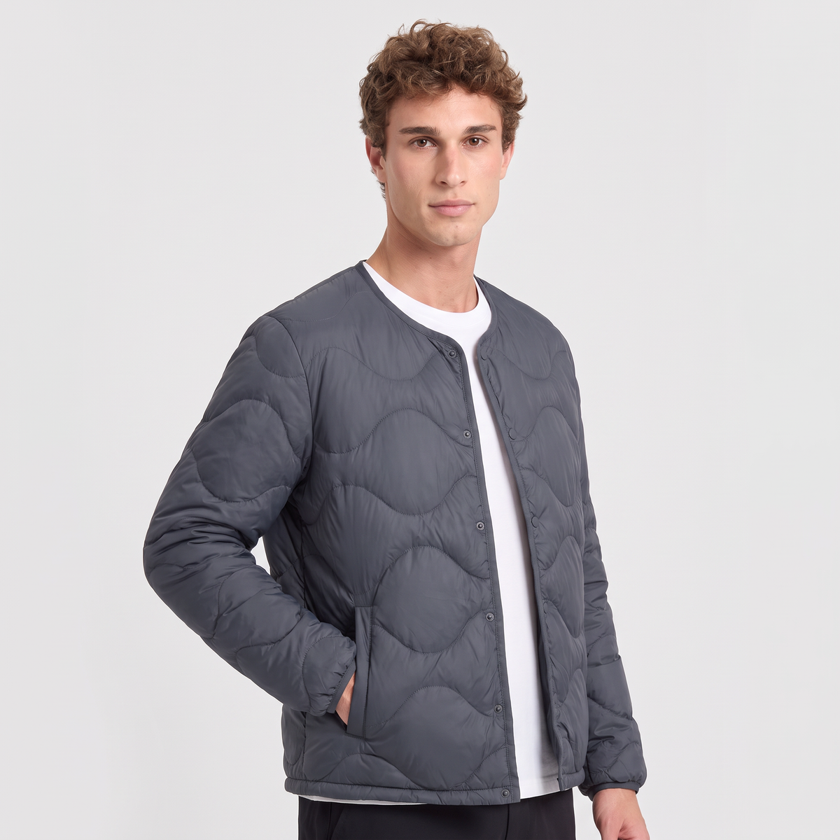 Men's Lightweight Down Puffer Jacket Collarless Snap Front