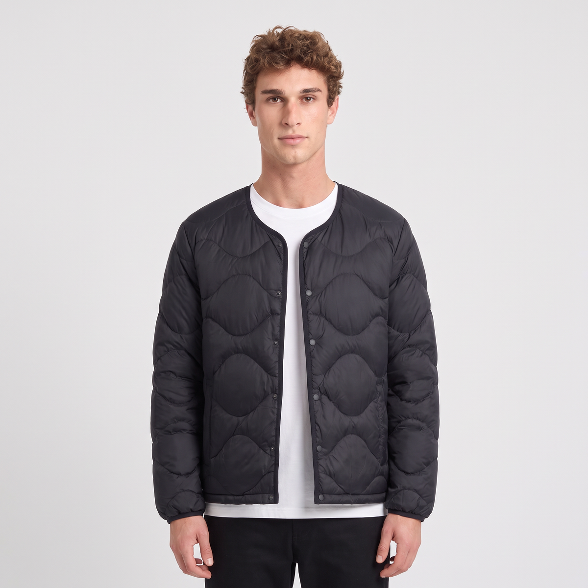 Men's Lightweight Down Puffer Jacket Collarless Snap Front