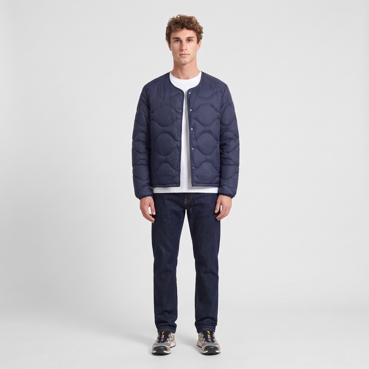 Men's Lightweight Down Puffer Jacket Collarless Snap Front