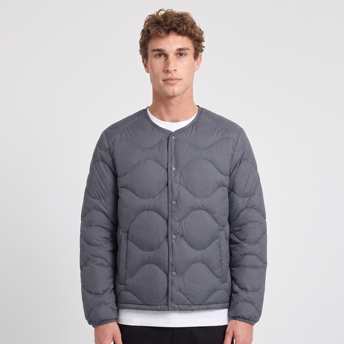 Men's Lightweight Down Puffer Jacket Collarless Snap Front