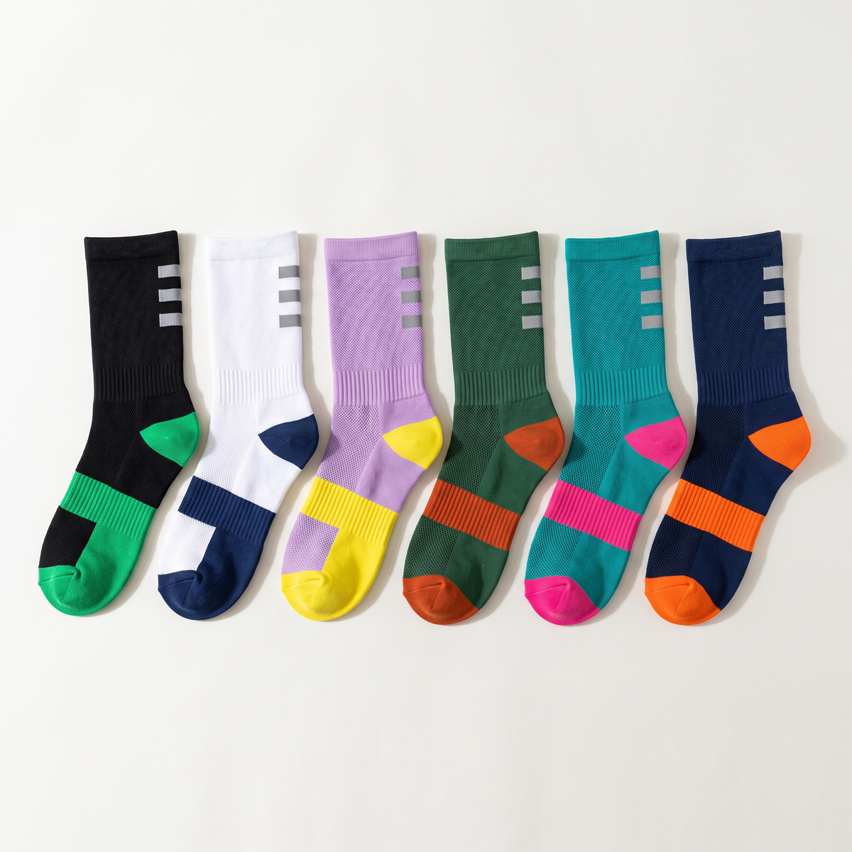 Unisex Cycling Socks Mid Crew with Reflective Bars and Mesh Ventilation