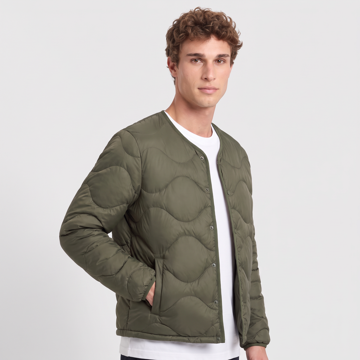 Men's Lightweight Down Puffer Jacket Collarless Snap Front