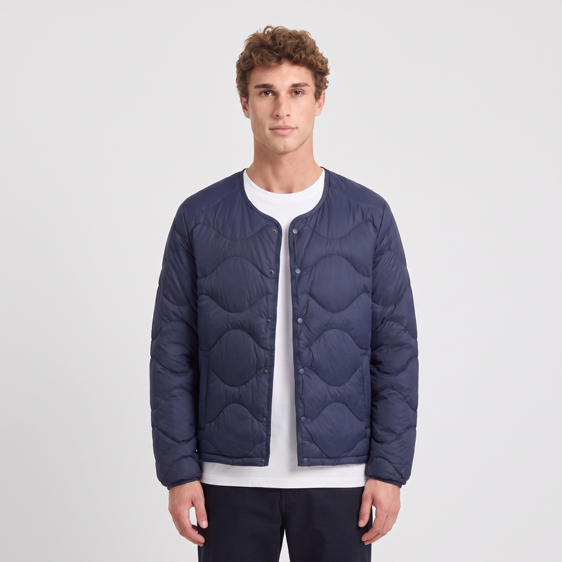 Men's Lightweight Down Puffer Jacket Collarless Snap Front