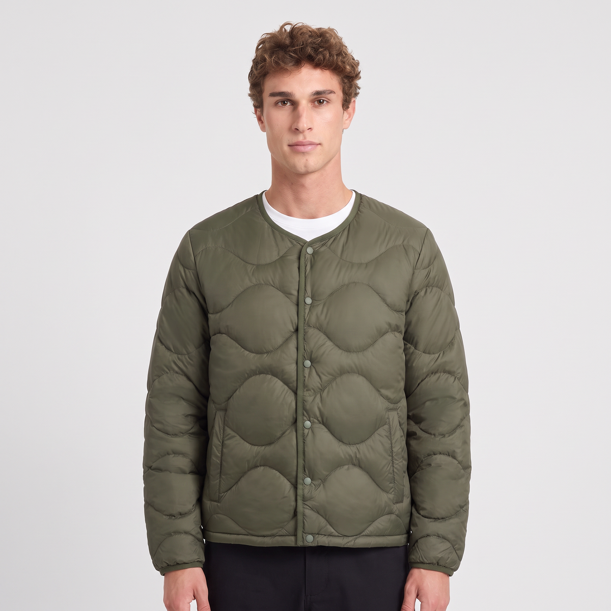 Men's Lightweight Down Puffer Jacket Collarless Snap Front