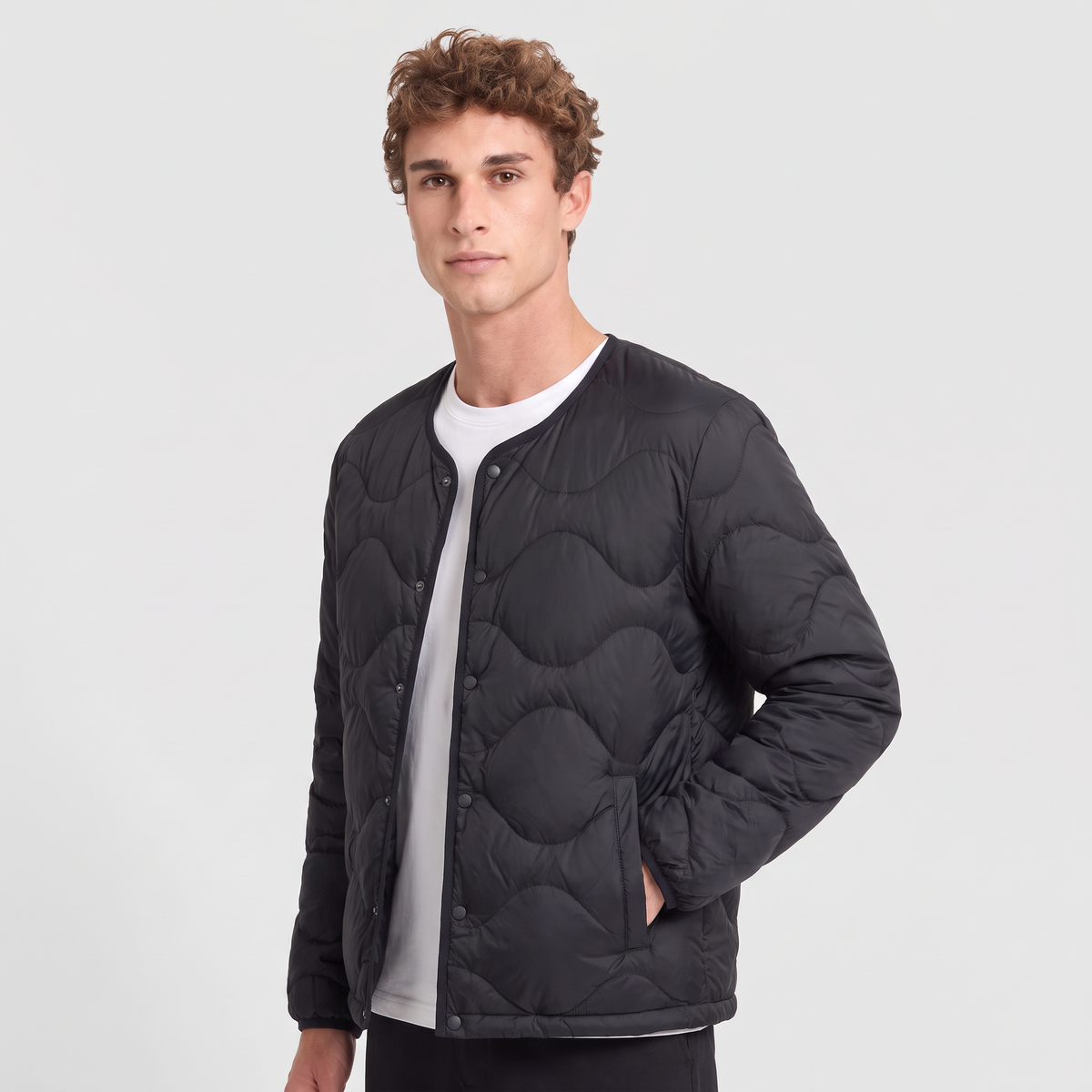 Men's Lightweight Down Puffer Jacket Collarless Snap Front