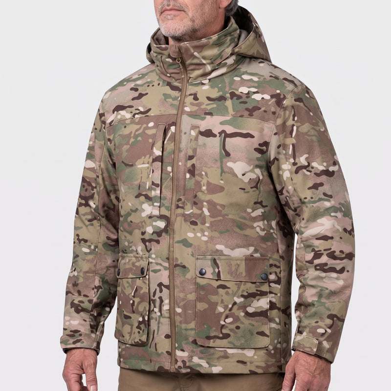 Men's Camo Tactical Hooded Hardshell Jacket with Flap Pockets
