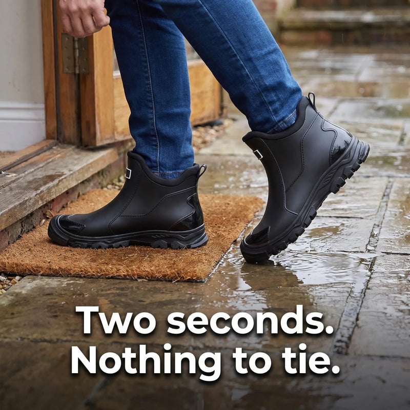 Men's Slip On Ankle Rain Boots with Lugged Sole and Pull Tab