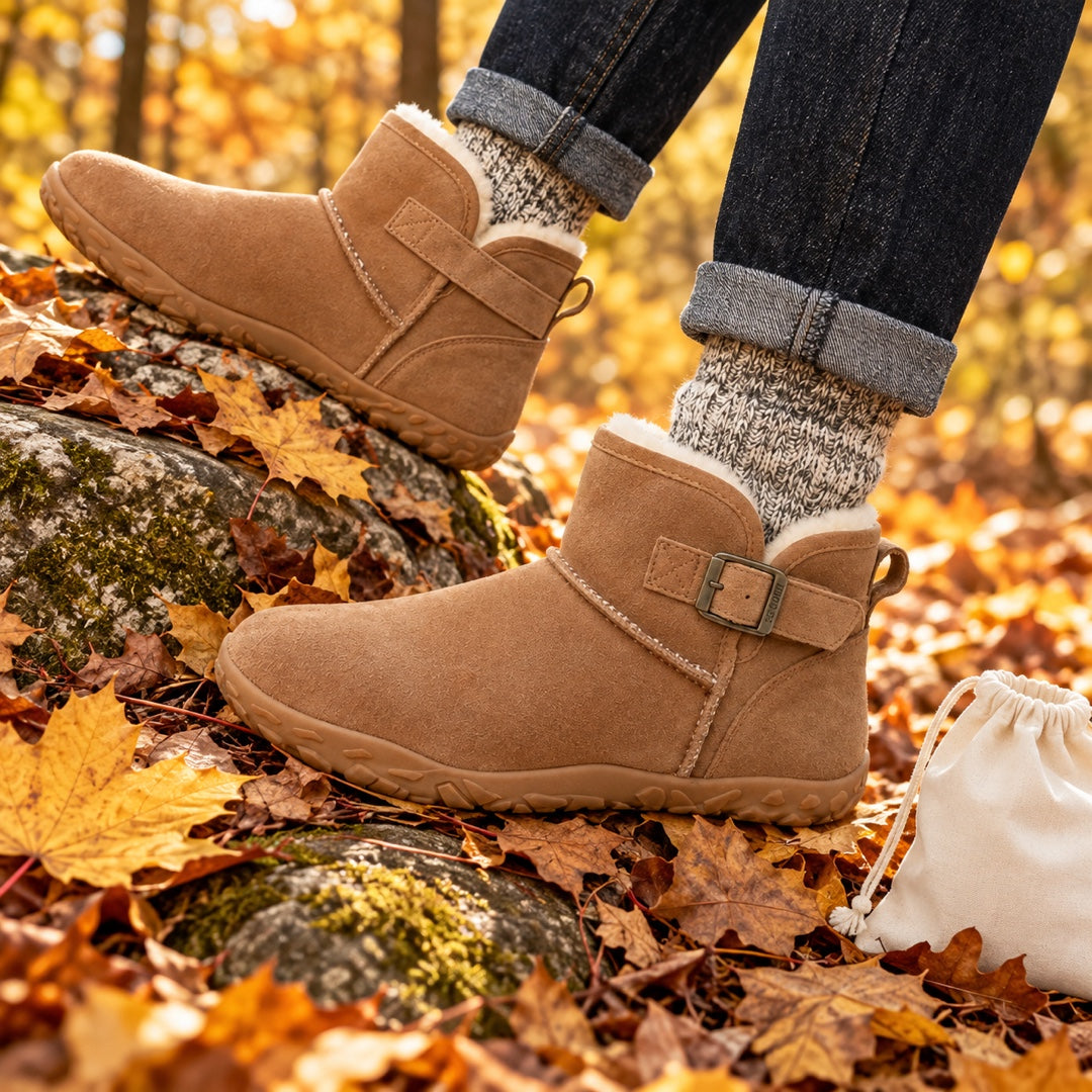 Women's Suede Barefoot Winter Boots with Faux Fur Lining and Buckle Strap