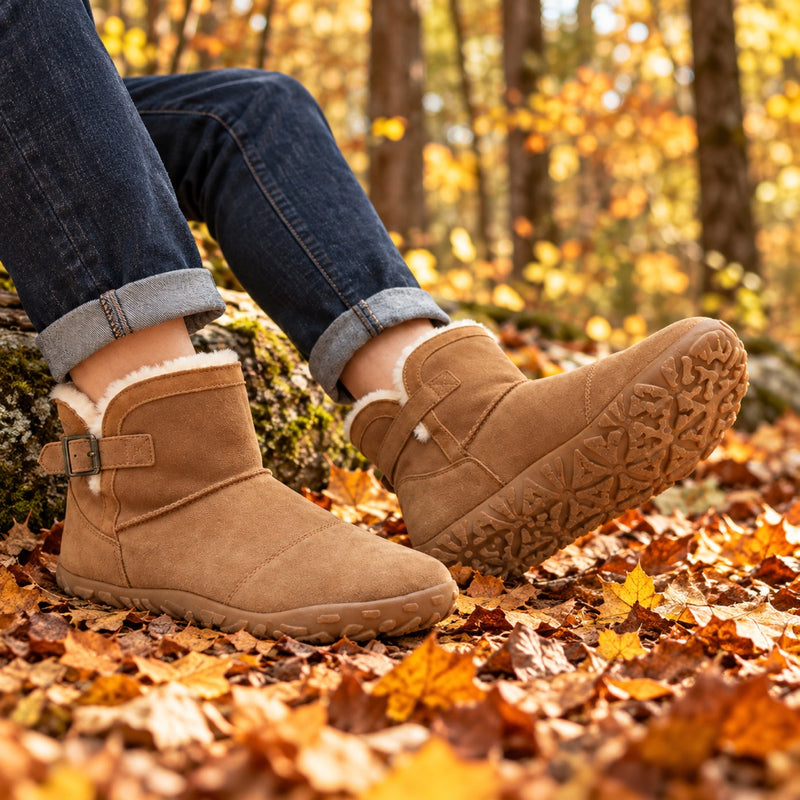 Women's Suede Barefoot Winter Boots with Faux Fur Lining and Buckle Strap