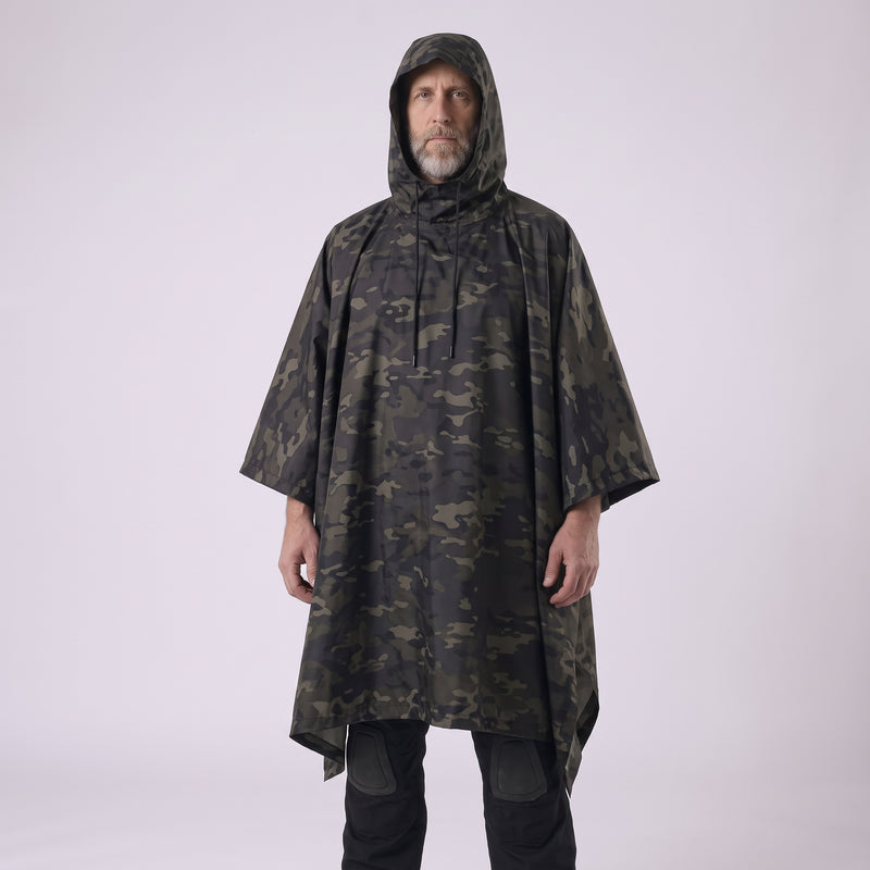 Men's Camouflage Waterproof Rain Poncho with Hood and Drawstring