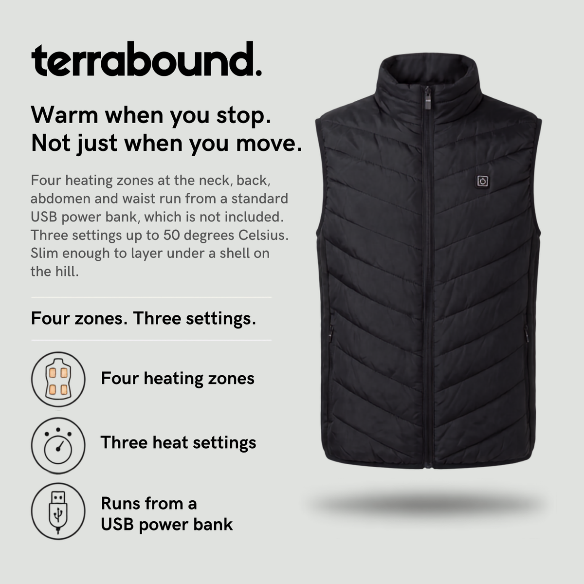 Men's Heated Vest With Four Heating Zones And USB Power Bank Compatible