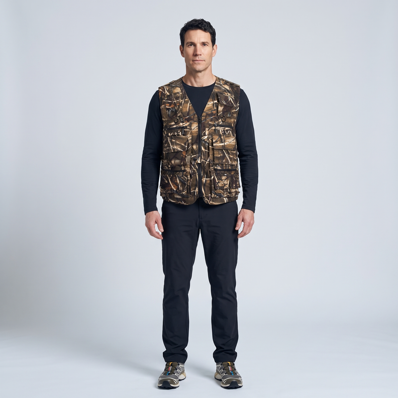 Men's Camo Utility Vest With Multi Zip And Flap Pockets