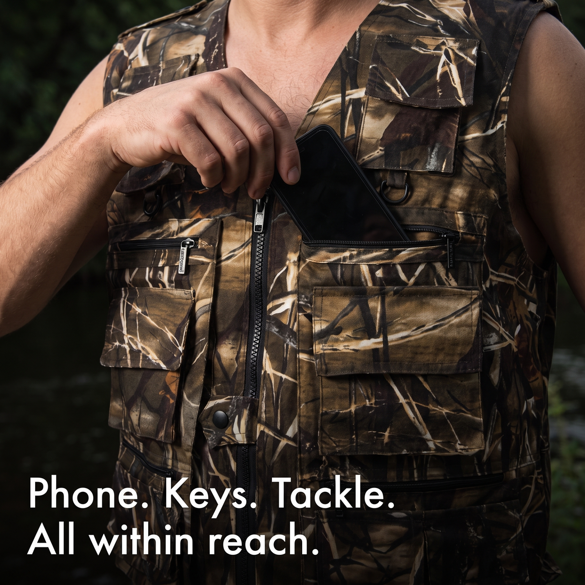 Men's Camo Utility Vest With Multi Zip And Flap Pockets