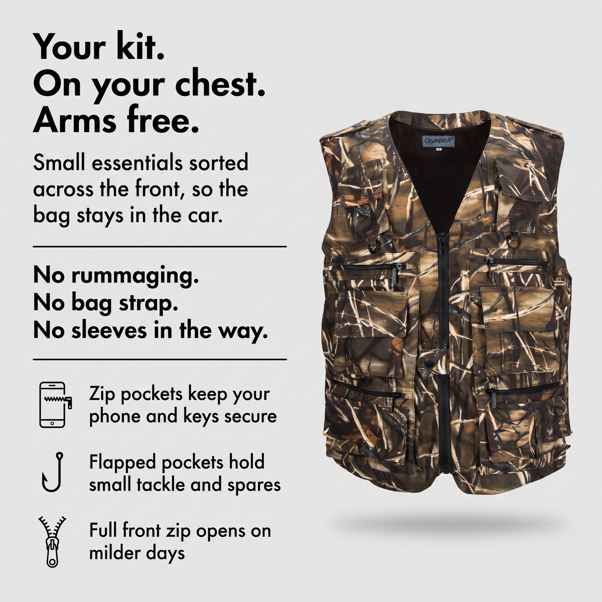 Men's Camo Utility Vest With Multi Zip And Flap Pockets